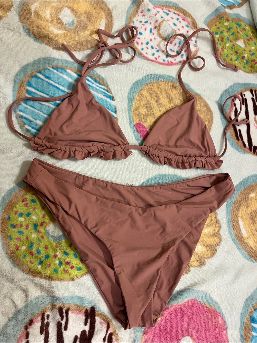 Ruffle Trim Triangle Bikini Set - Dusty Rose